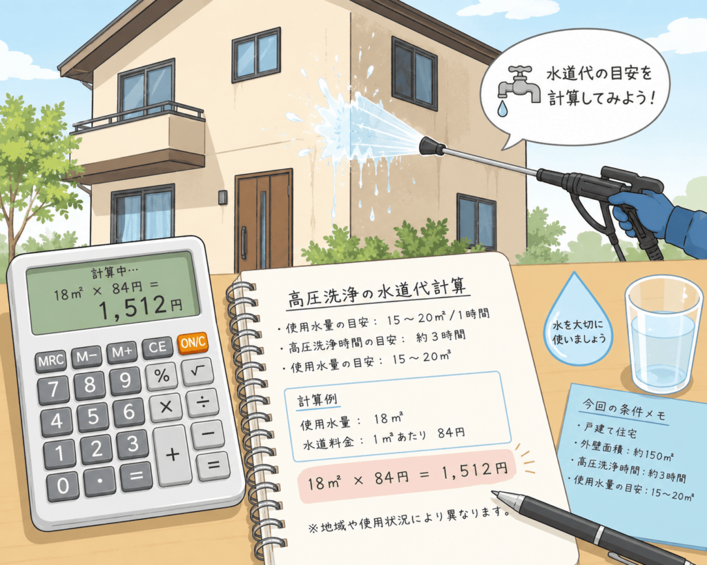 外壁塗装の高圧洗浄にかかる水道代を計算するための電卓と家のイメージ