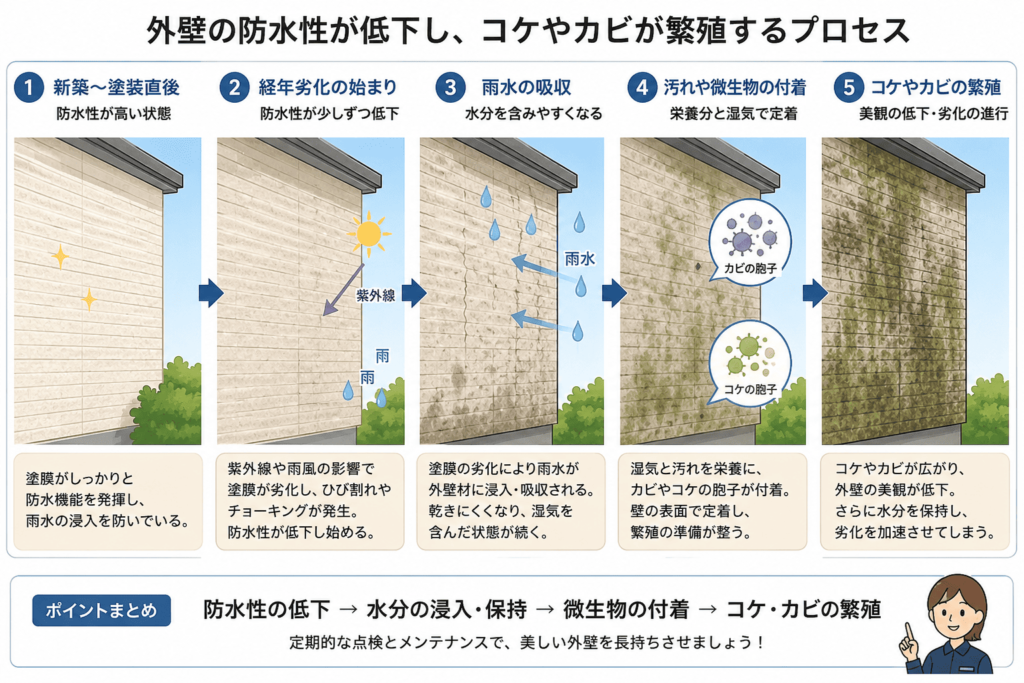 外壁の防水性が低下してコケやカビが繁殖するプロセスのイラスト