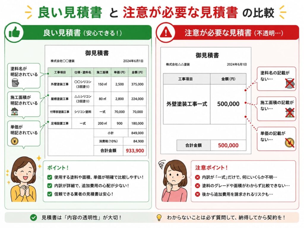壁塗装の見積書における明細ありと一式表記の比較図解