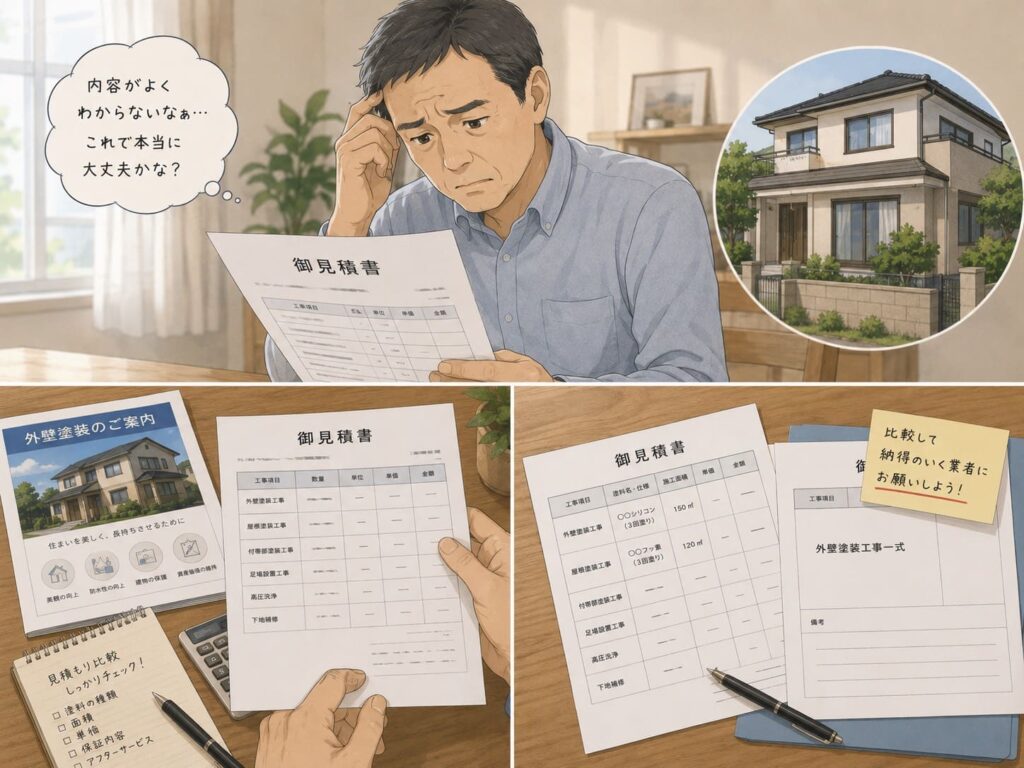 外壁塗装の見積書を開いて内容を確認する住宅の施主